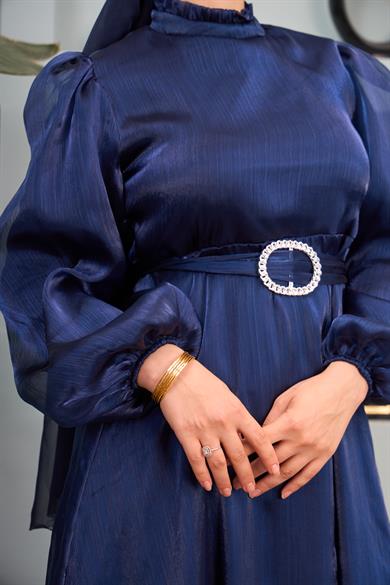 Tulle Shoulder Belted Evening Dress - Navy Blue