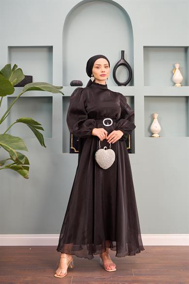 Belted Evening Dress with Tulle Shoulders - Black