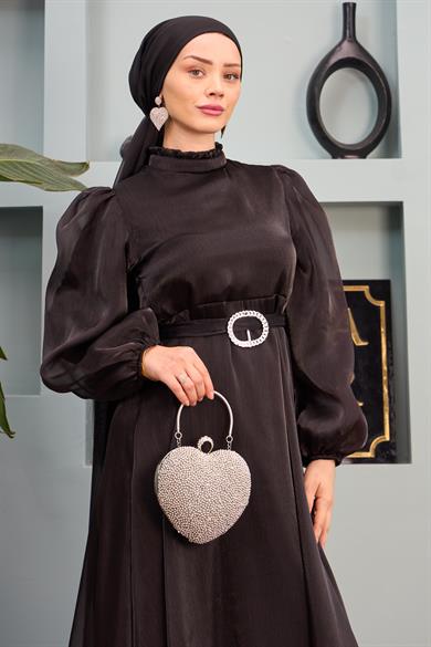 Belted Evening Dress with Tulle Shoulders - Black