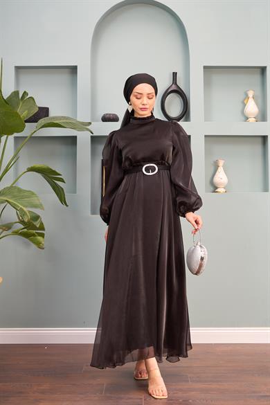 Belted Evening Dress with Tulle Shoulders - Black