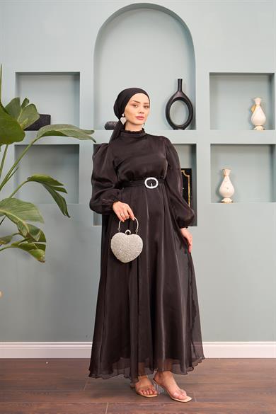 Belted Evening Dress with Tulle Shoulders - Black