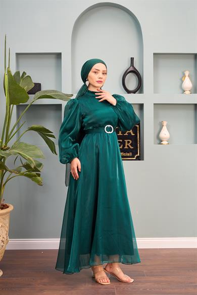 Belted Evening Dress with Tulle Shoulders - Emerald Green