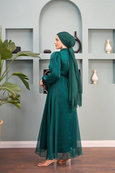 Belted Evening Dress with Tulle Shoulders - Emerald Green