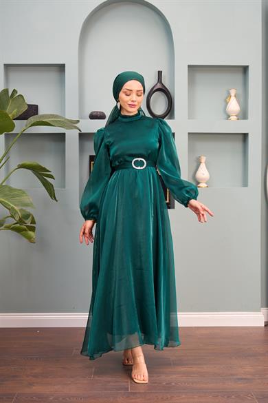 Belted Evening Dress with Tulle Shoulders - Emerald Green