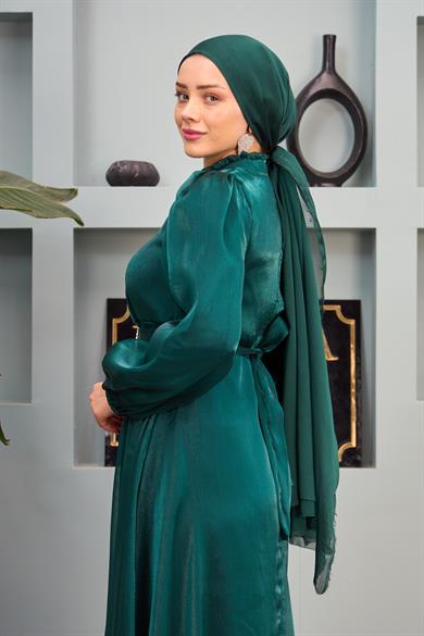 Belted Evening Dress with Tulle Shoulders - Emerald Green