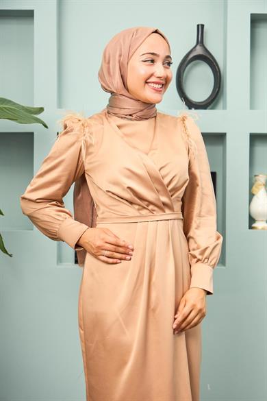 Feathered Shoulder Belted Evening Dress - Camel