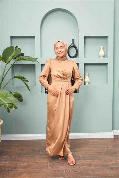 Feathered Shoulder Belted Evening Dress - Camel