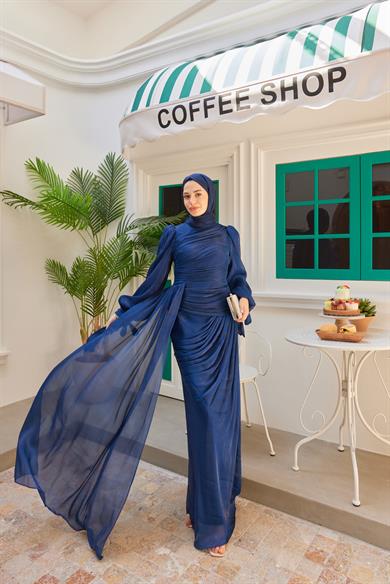 Önü Büzgülü Işıltılı Kumaş Abiye - Lacivert