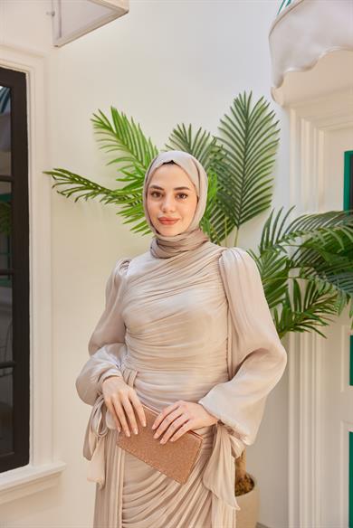 Önü Büzgülü Işıltılı Kumaş Abiye - Vizon