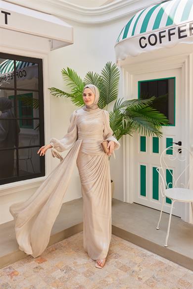 Önü Büzgülü Işıltılı Kumaş Abiye - Vizon