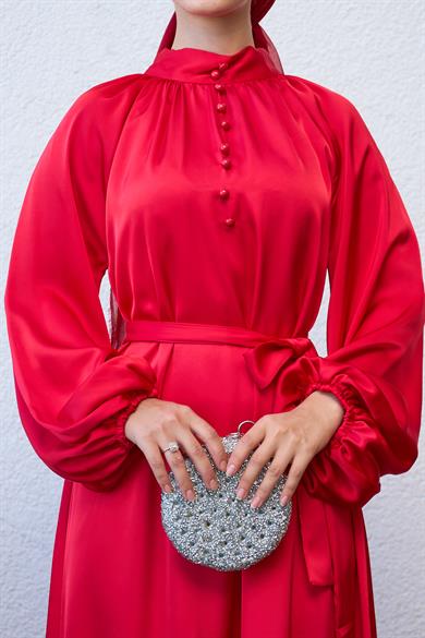 Button-Front Waist Tie Evening Dress - Red