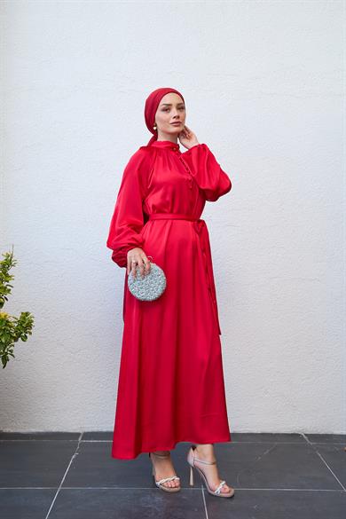 Button-Front Waist Tie Evening Dress - Red