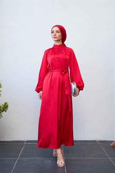 Button-Front Waist Tie Evening Dress - Red