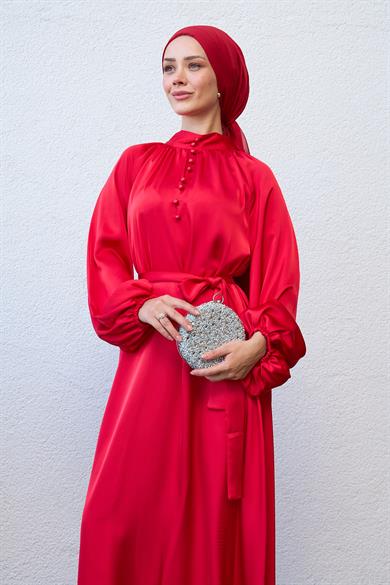 Button-Front Waist Tie Evening Dress - Red