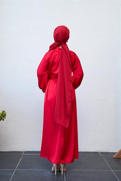 Button-Front Waist Tie Evening Dress - Red