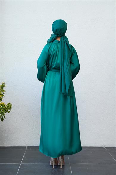 Buttoned Front and Waist Tied Evening Dress - Emerald Green