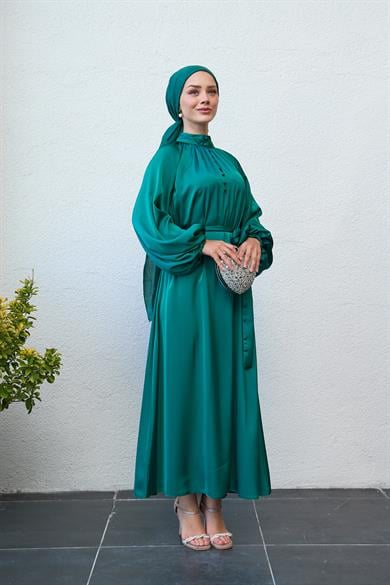 Buttoned Front and Waist Tied Evening Dress - Emerald Green