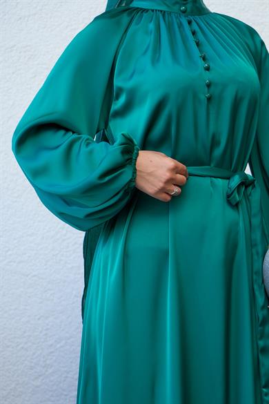 Buttoned Front and Waist Tied Evening Dress - Emerald Green