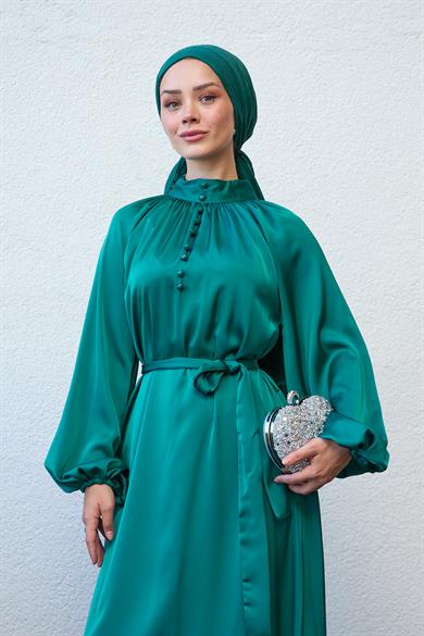 Buttoned Front and Waist Tied Evening Dress - Emerald Green