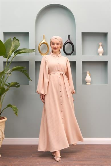 Özge Buttoned Front Waist Dress - Beige