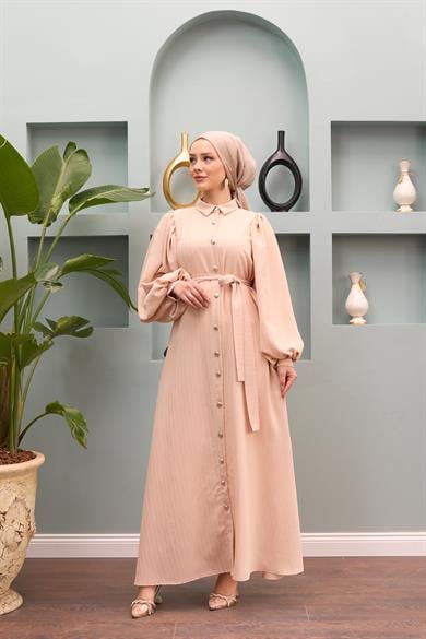 Özge Buttoned Front Waist Dress - Beige