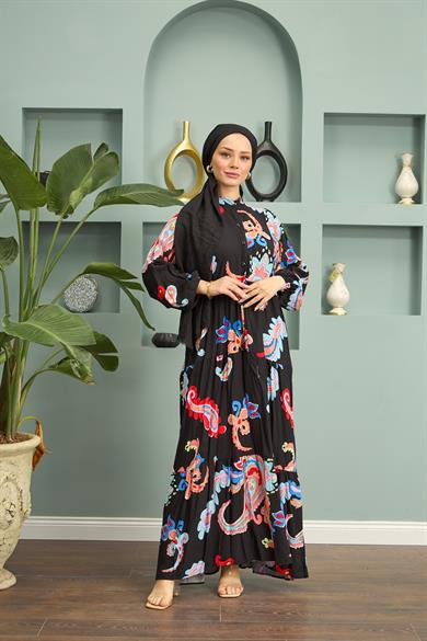 Buttoned Front Patterned Dress - Black