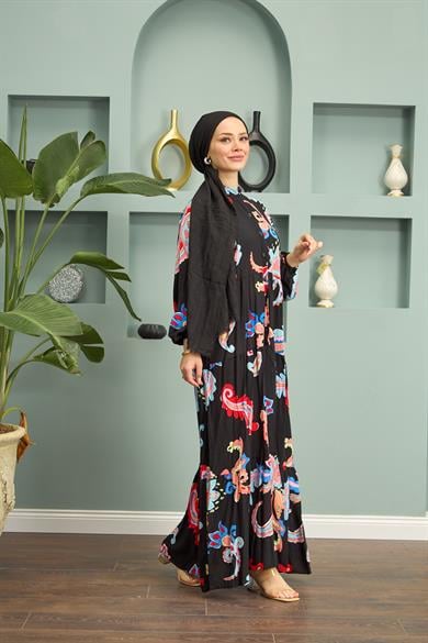 Buttoned Front Patterned Dress - Black