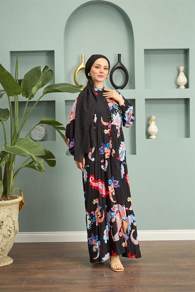 Buttoned Front Patterned Dress - Black