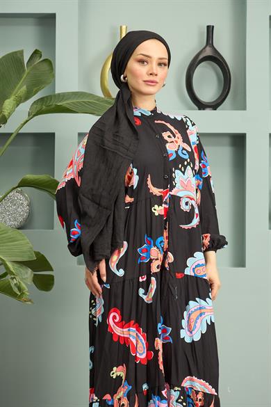 Buttoned Front Patterned Dress - Black