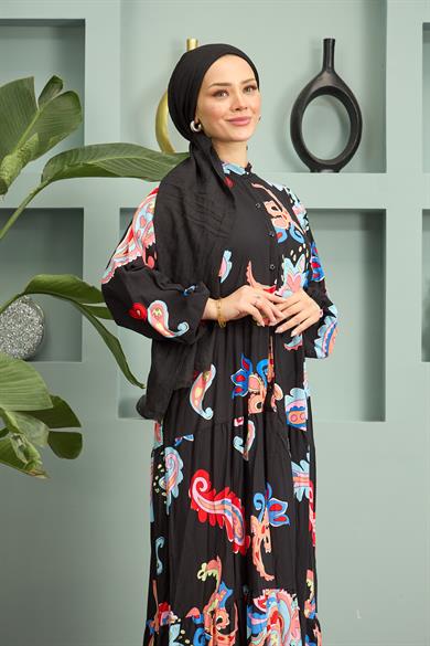 Buttoned Front Patterned Dress - Black