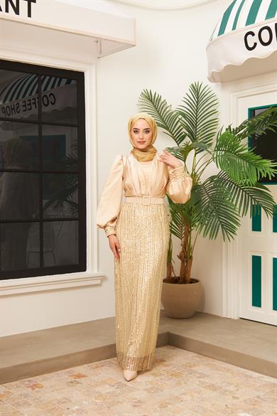 Önü Kat Detaylı Kemerli Eteği Pullu Abiye - Bej