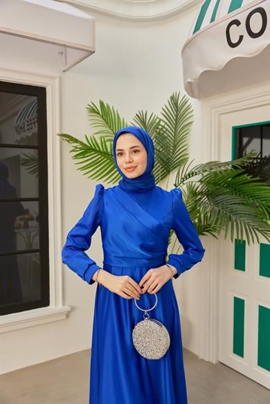 Önü Katlı Saten Abiye - Saks Mavi