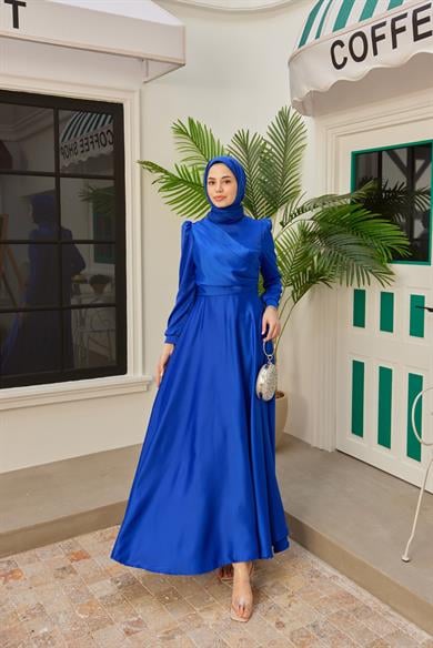 Önü Katlı Saten Abiye - Saks Mavi