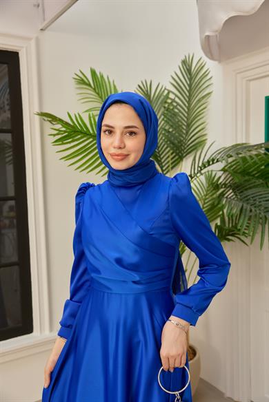 Önü Katlı Saten Abiye - Saks Mavi