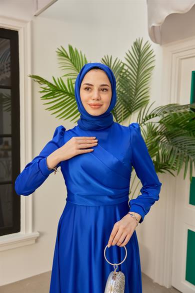 Önü Katlı Saten Abiye - Saks Mavi