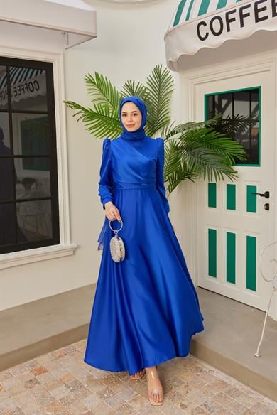 Önü Katlı Saten Abiye - Saks Mavi