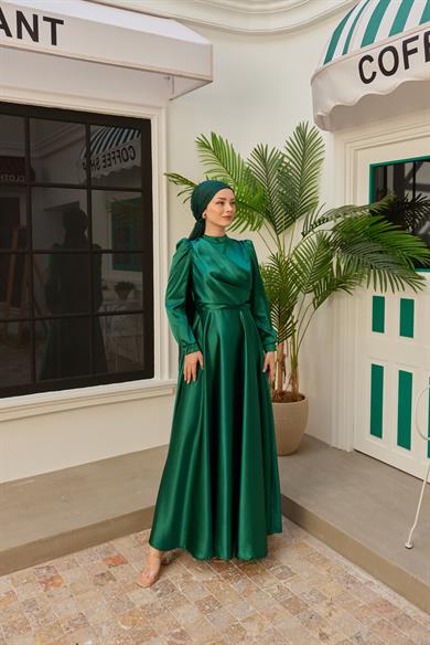 Önü Katlı Saten Abiye - Zümrüt Yeşil