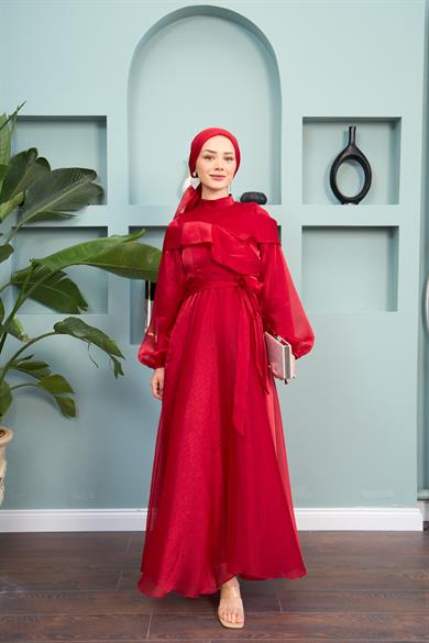 Waist Tied Evening Dress with Special Detail on the Front - Red