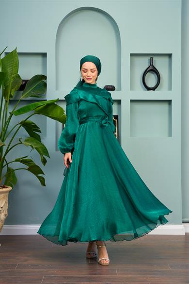 Waist Tied Evening Dress with Special Detail on the Front - Emerald Green