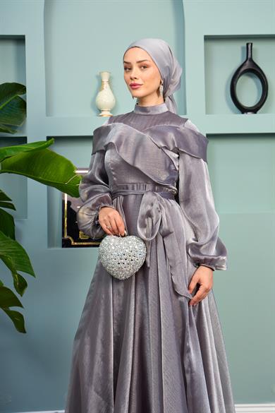 Waist Tied Evening Dress with Special Detail on the Front - Gray