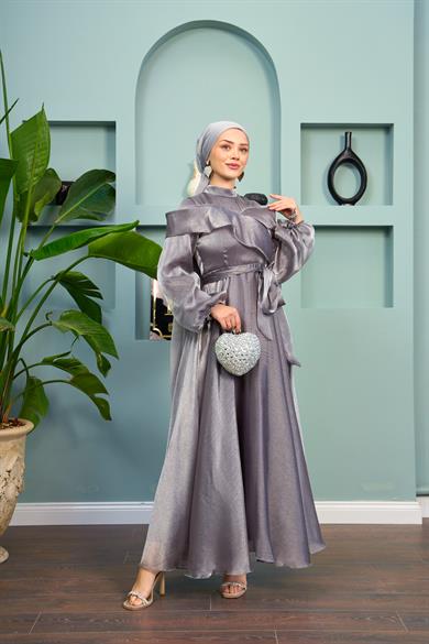 Waist Tied Evening Dress with Special Detail on the Front - Gray