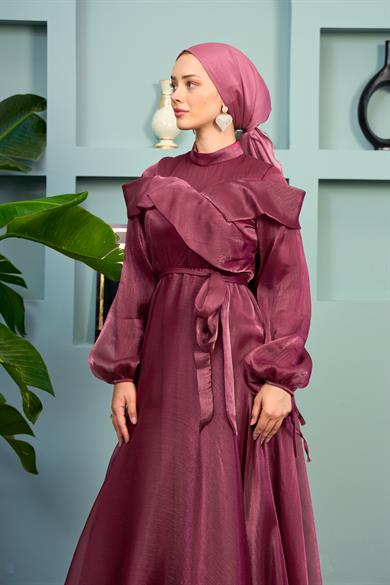 Waist Tied Evening Dress with Special Detail on the Front - Marsala