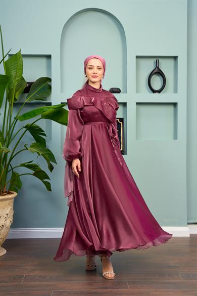 Waist Tied Evening Dress with Special Detail on the Front - Marsala