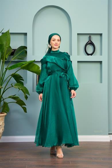Waist Tied Evening Dress with Special Detail on the Front - Emerald Green