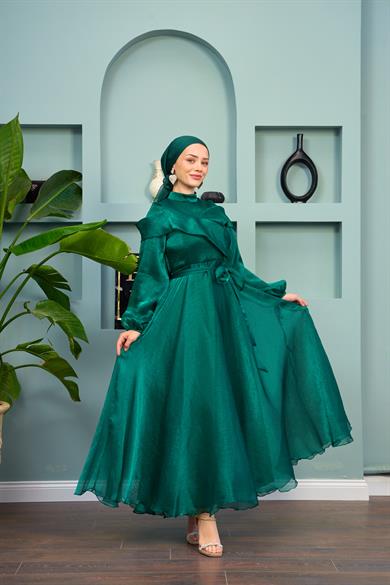 Waist Tied Evening Dress with Special Detail on the Front - Emerald Green
