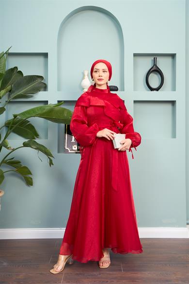 Waist Tied Evening Dress with Special Detail on the Front - Red