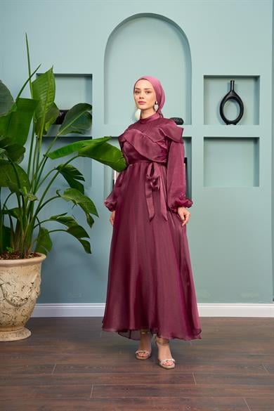 Waist Tied Evening Dress with Special Detail on the Front - Marsala