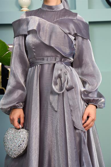 Waist Tied Evening Dress with Special Detail on the Front - Gray