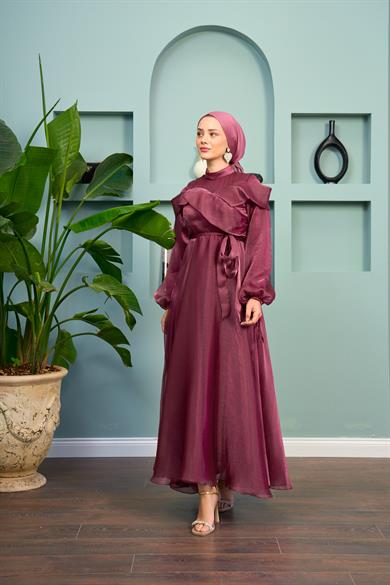 Waist Tied Evening Dress with Special Detail on the Front - Marsala