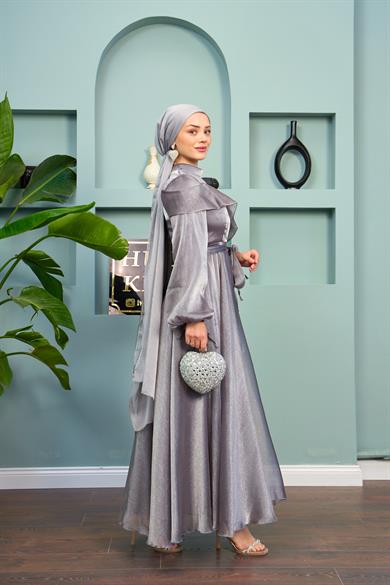 Waist Tied Evening Dress with Special Detail on the Front - Gray